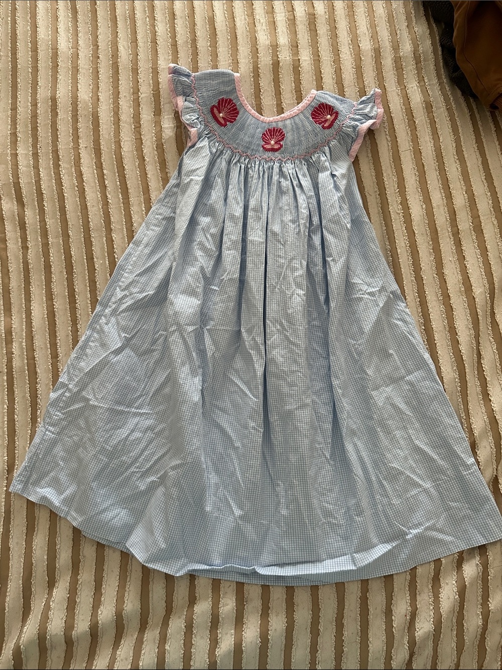 Blue Smocked Shell-Embroidered Girls Dress